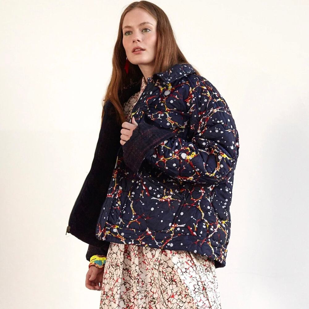 ROSIE ASSOULIN Reversible Marbled Navy Graffiti + Plaid Wool Puffer Jacket Small